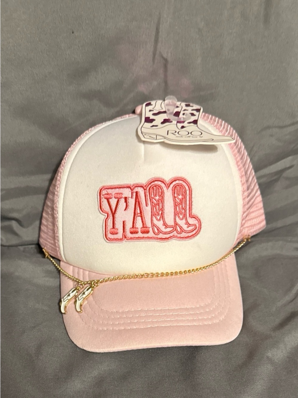 Pink and White "Y'ALL" Cowgirl Boots Kids Trucker Hat with Gold Chain